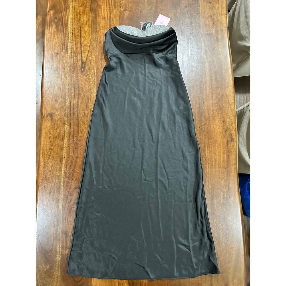 Hello Molly Luxe Dance Satin Maxi Dress Black Rhinestone Cowl Back NWT Size 8